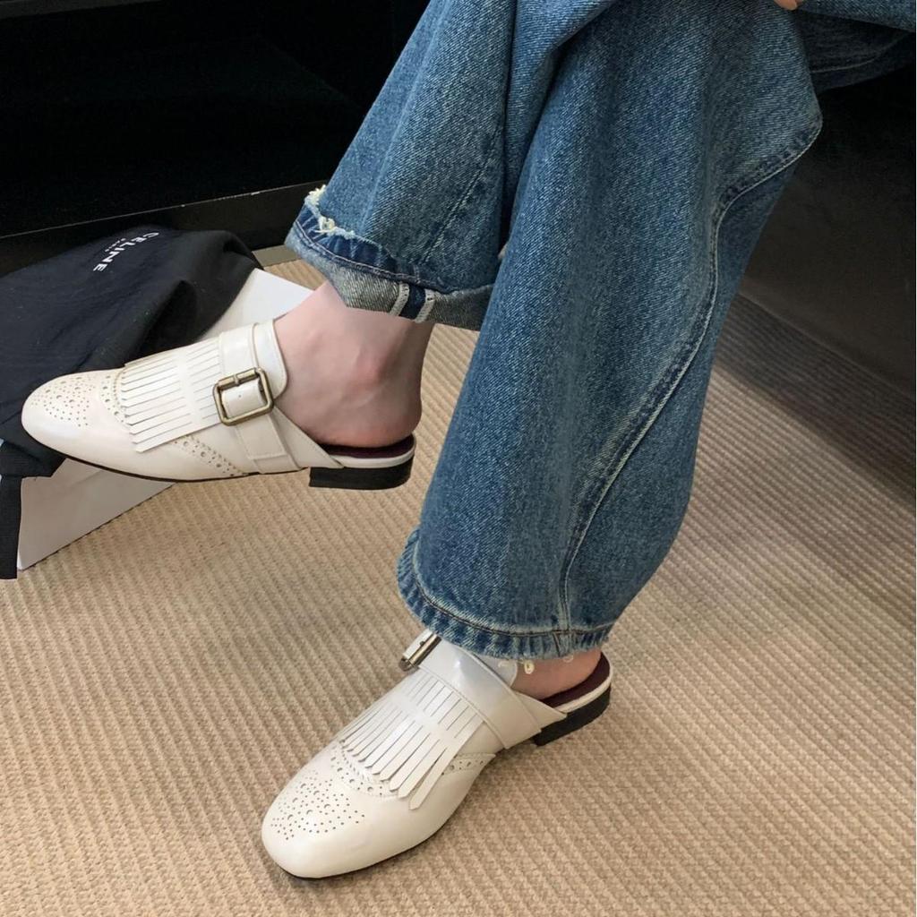 Genuine Leather Carved Tassel Mules - Women's Low Heel, Pointed Toe Slip-On Sandals