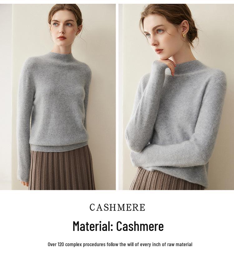 Women's 100% Pure Cashmere Loose Fit Sweater - Half-High Neck, Versatile Warm Knitwear for Autumn/Winter