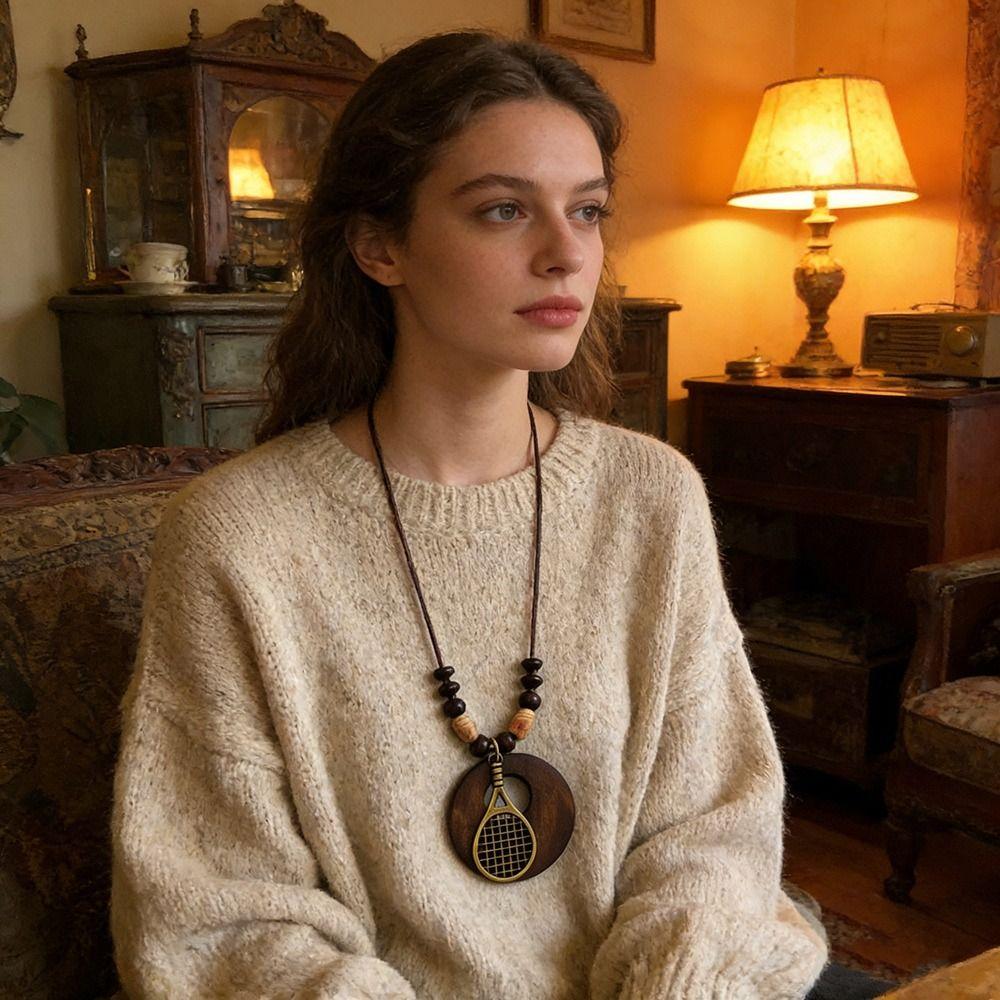 Boho Wooden Pendant Necklace Leather Chain Sweater Necklace Vintage Sweater Chain  for Women Men