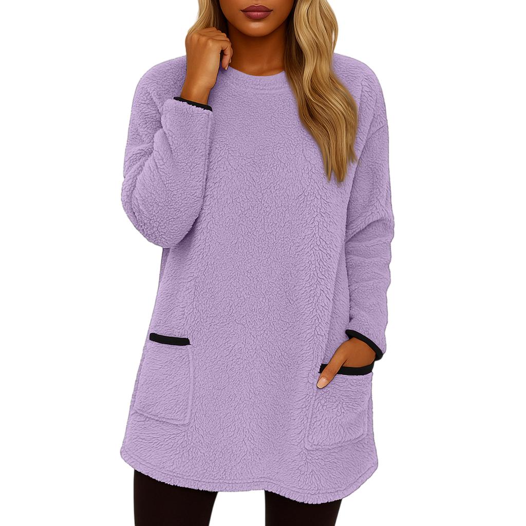 Women's Fashionable Solid Color Round Neck Long Sleeved Warm Plush Casual Top