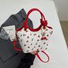 Hong Kong Style Retro Design Bag 2025 New Trendy Fashion Cherry Print Crossbody Bucket Bag Contrasting Color Texture Shoulder Bag