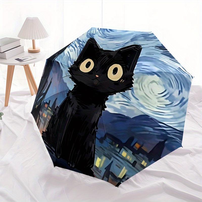 1pc Night Cat Automatic Folding Umbrella, 8-Rib Sturdy Canopy, Portable Travel Umbrella for Outdoor Use,083