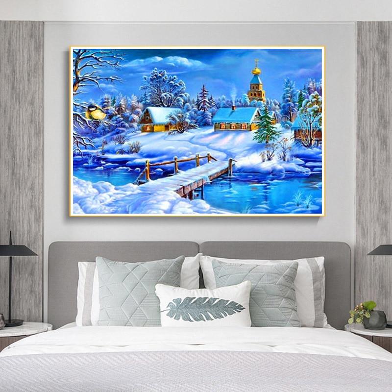 DIY 5D Diamantová malba Zimní sněhová krajina Diamantová výšivka Plná kulatá kamínková mozaika Dům Krajina Křížková výšivka Dekor