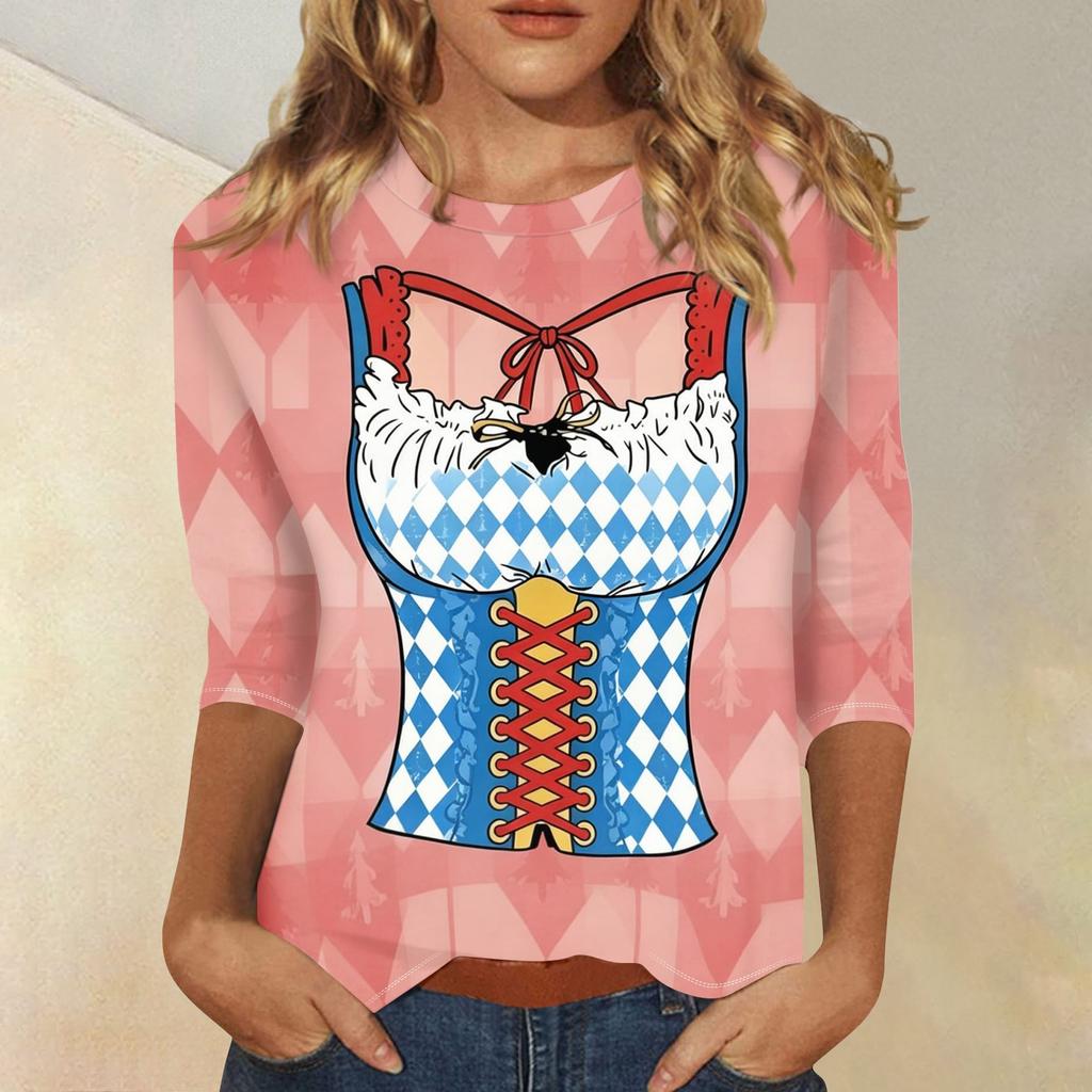 Haut Décontracté pour Femme à Manches Trois Quarts Imprimé Oktoberfest Col Rond Léger Coupe Confortable Chemisier pour un Usage Quotidien