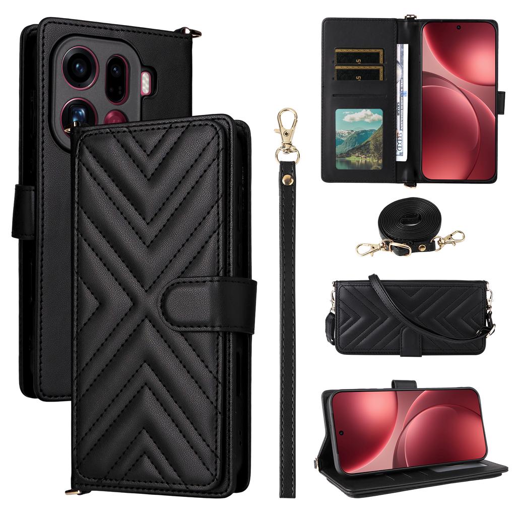 For Oppo Find X9 Pro 5G Leather Case Stand Wallet Phone Cover with Shoulder/Wrist Strap