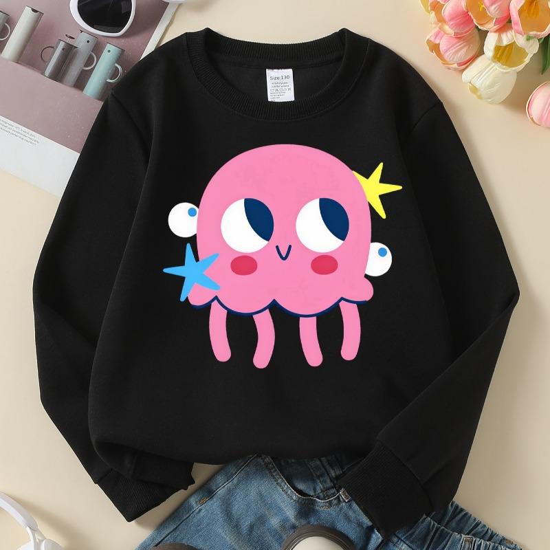 Kids Crewneck Sweatshirt, Cute Pink Octopus with Stars Print, Soft Casual Pullover for Fall Winter