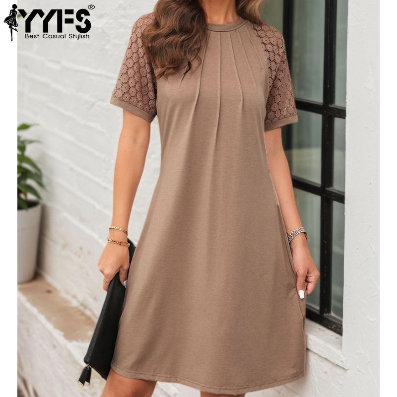 

YYFS Жіноча мода літо весна одноколірні повсякденні сукні з коротким рукавом і круглим вирізом з вільною талією S синій