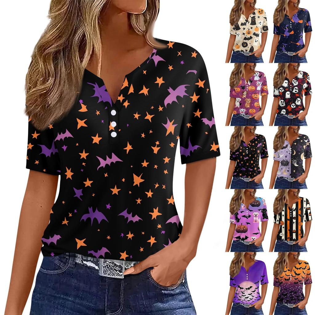 Damen T-Shirt Halloween Bedruckt Knopf Kurzarm Tunika Täglich Wochenende Mode Basic V-Ausschnitt Reguläres Oberteil