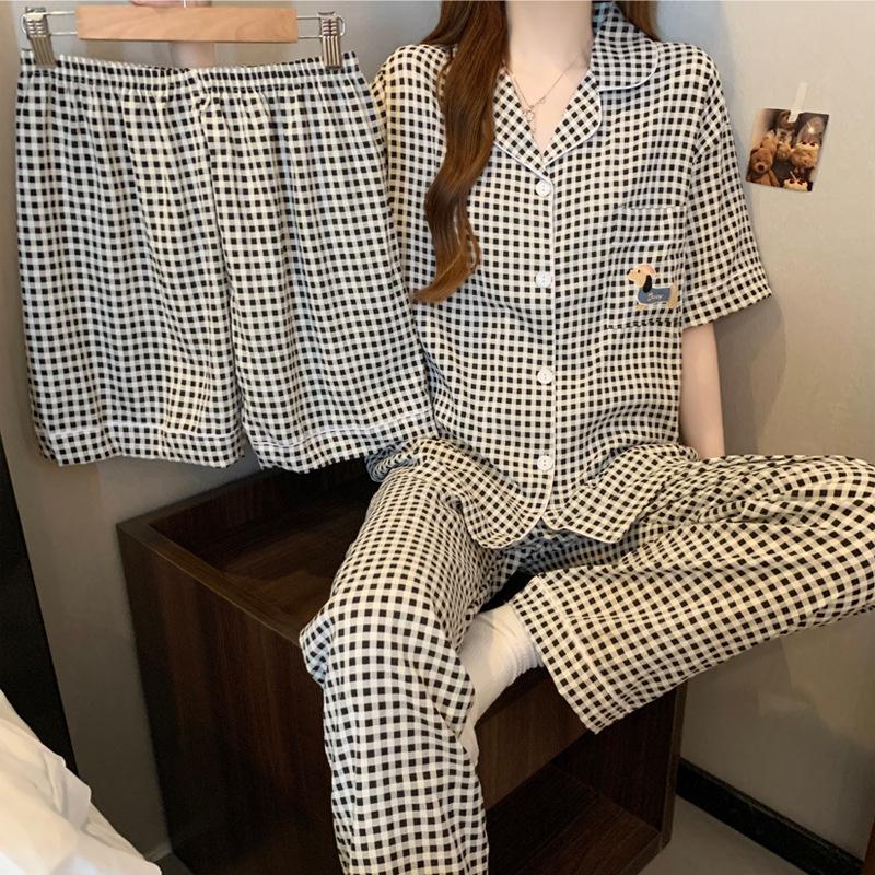 Simple Dachshund Dog Plaid High-Value Cloud Cotton Pajamas Women'S Summer Short-Sleeved Three-Piece Set Loungewear