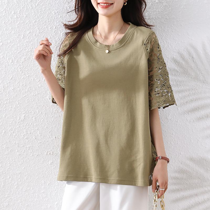 DIMANAF 2025 Letní Nadměrné Velikosti Topy Bavlna O-Výstřih Krajkové Tričko Ženy Jednobarevné Krátký Rukáv Volná Trička