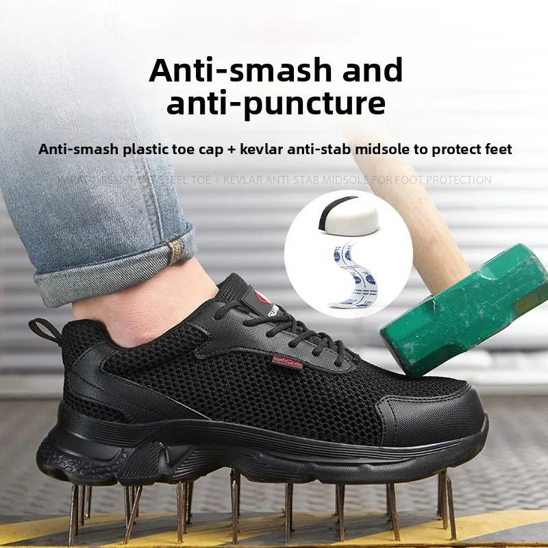 Men's Summer Breathable Mesh Safety Shoes with Plastic Toe Cap Anti Slip Industrial Work Sneakers Black
