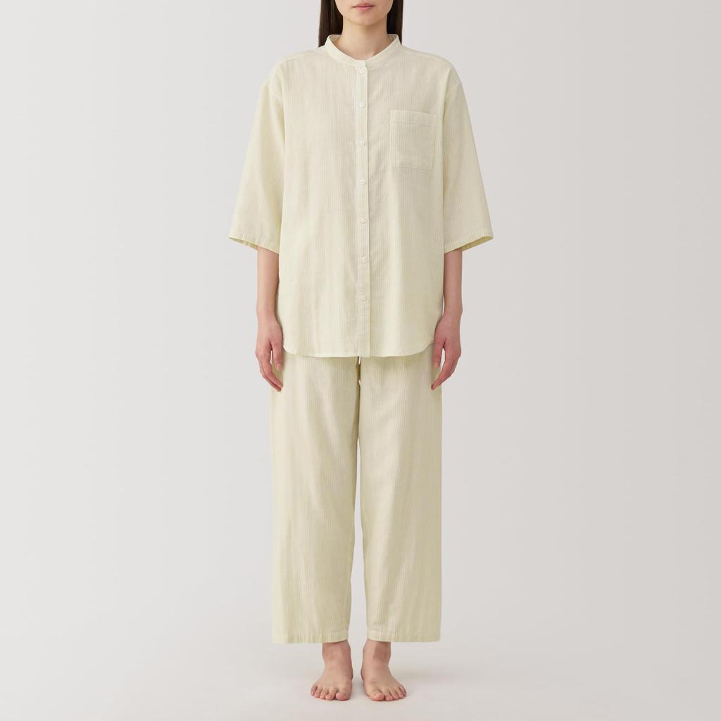 MUJI Seamless Thin Gauze Sleeve Light Yellow Size FD1L7A5S Women's 3/4 Pajamas, Stripe, XS,