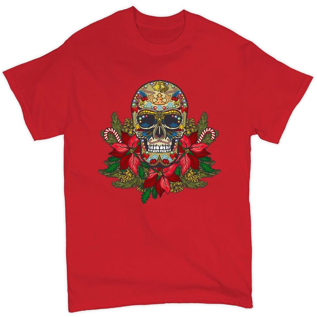 Christmas Calavera Tshirt Sugar Skull Holiday Spirit Mistletoe Mens Tee Retro Breathable Top Skeleton and Flower Pattern Shirt