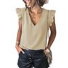 Women European Casual Solid V Neck Sleeveless Ruffle Pullover T Shirt Top