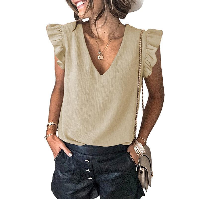 Women European Casual Solid V Neck Sleeveless Ruffle Pullover T Shirt Top