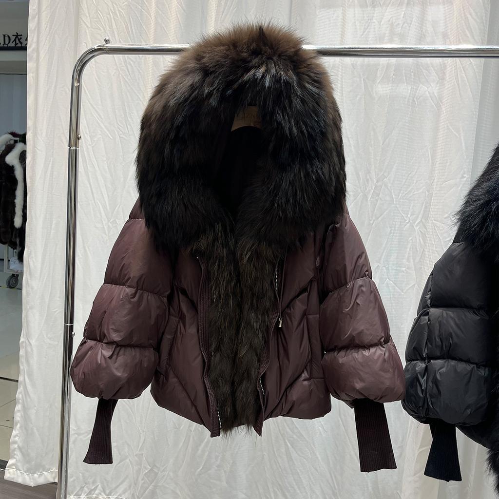 European winter new natural big fur collar hooded down jacket women's short fashion thickened warm fur jacket