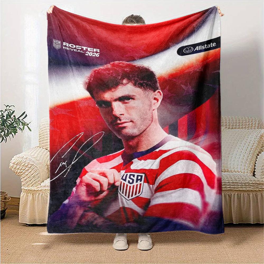USA Soccer Player Signature Portrait Print Flannel Throw Blanket Soft Plush Blanket for Sofa Couch Bedroom Sport Fan Home Decor