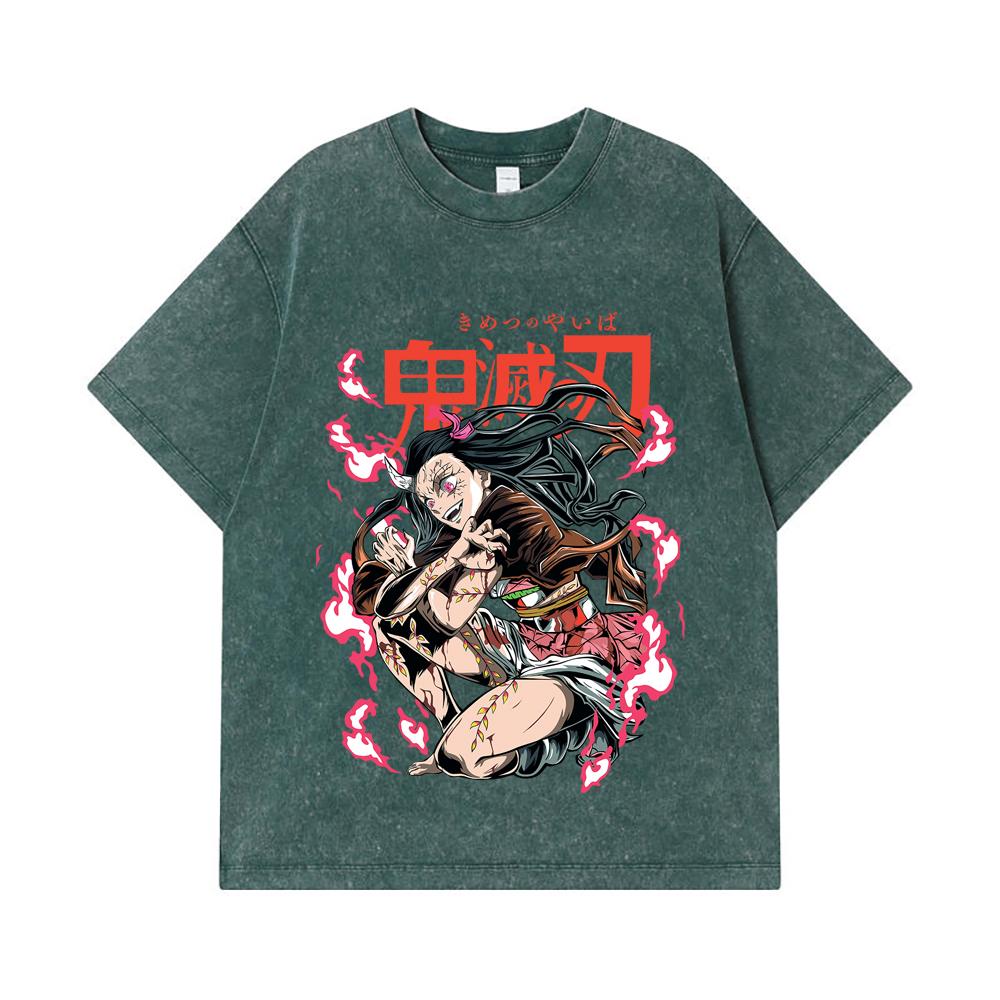 275 GSM Washed T-shirts 100% Cotton Demon Slayer V71 Nezuko Demon Print Unisex Heavy Cotton T Shirt