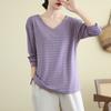 Autumn New Style V-neck Jacquard Women's Spliced Pullover Loose T-shirt Bottoming Long-sleeved Top