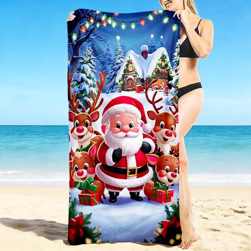 1Pc Santa Claus Reindeers Beach Towel, Quick Dry, Multi-Use for Beach Pool Gym Yoga Home Travel, Christmas, Halloween, Xmas Gift S274