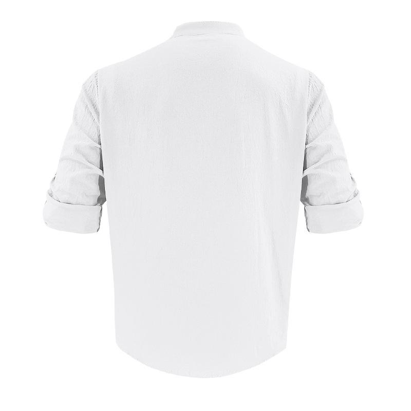 Men's Cotton-Linen Stand Collar Breathable Henley Neck Casual Long-Sleeved Shirt