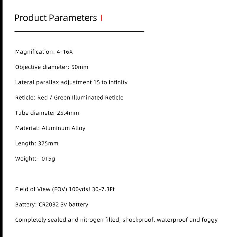 Diana 4-16X50 Aoe Red Green Cross Reticle Hunting Accessories Tactical Optical Sight for Hunting