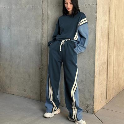 Autumn Winter Casual Blue Patchwork Sets for Women 2 Pieces O-Neck Long Sleeve Blouse and Drawstring Straight Sweatpants Set Streetwear