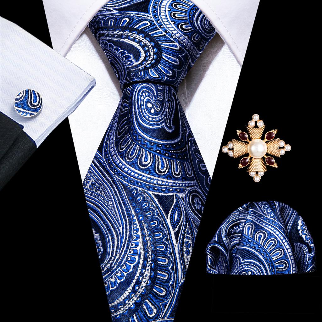 Pearl Brooch with Silk Tie for Men Vintage Floral Teal Necktie Hanky Cufflinks Gift Formal Set