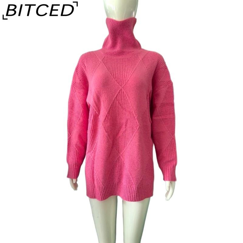 BITCED Oversized Crewneck Knit Sweater for Workwear Solid Color High Neck Diamond Pattern Fashion Sweater for Women