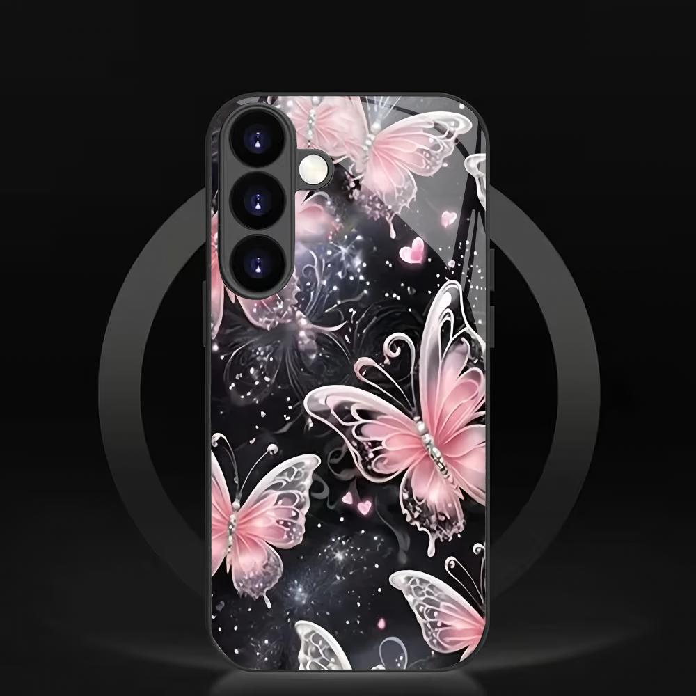 Pink butterfly tempered glass phone case suitable for Samsung Galaxy S26 S25 S24 S23 S22 S20 FE/Ultra/Plus anti drop back cover