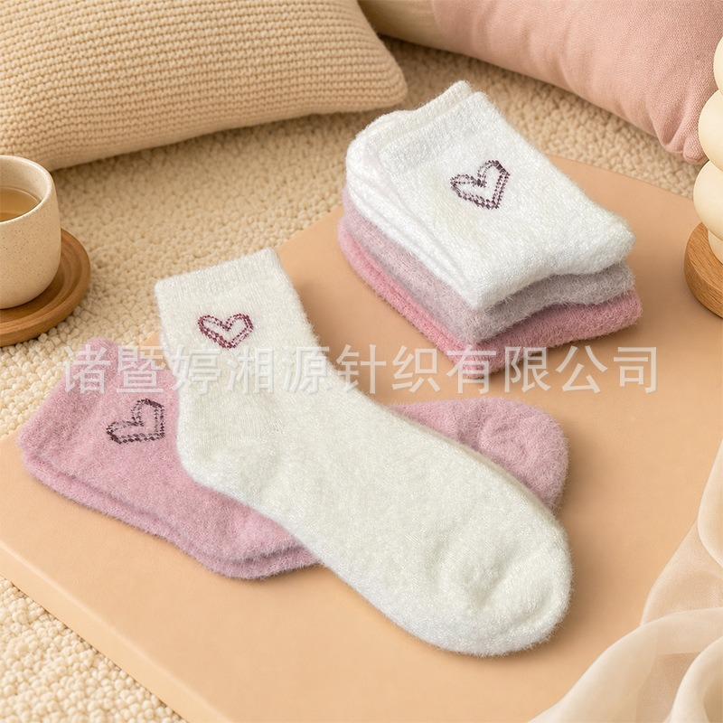 Love jacquard imitation mink velvet socks women's autumn and winter medium tube socks thickened plush sweet sleep floor confinement socks