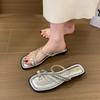 New Fashion Pearl Buckle Flip Flops Women Flat Heel Crystal Band Slippers Sexy Ladies Clip Toe Slides Shoes Rhinestone Sandals