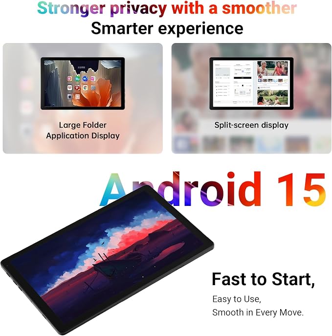 Android 15 Tablet, 10.1 Inch IPS, 20GB+64GB, WiFi 6, Bluetooth 5.4, Dual Camera