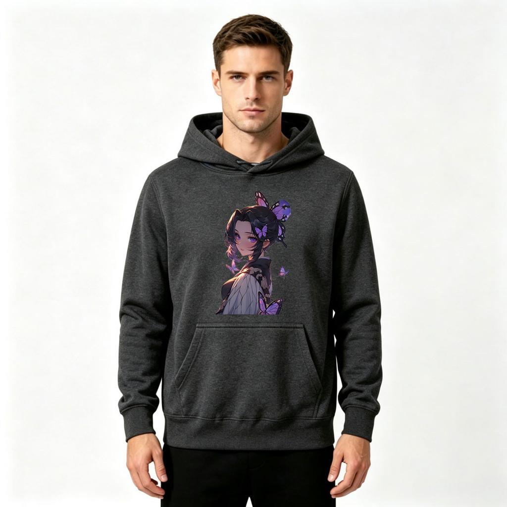 Anime Butterfly Girl Print Men Pullover Hoodie Casual Soft Long Sleeve Sweatshirt for Daily Wear