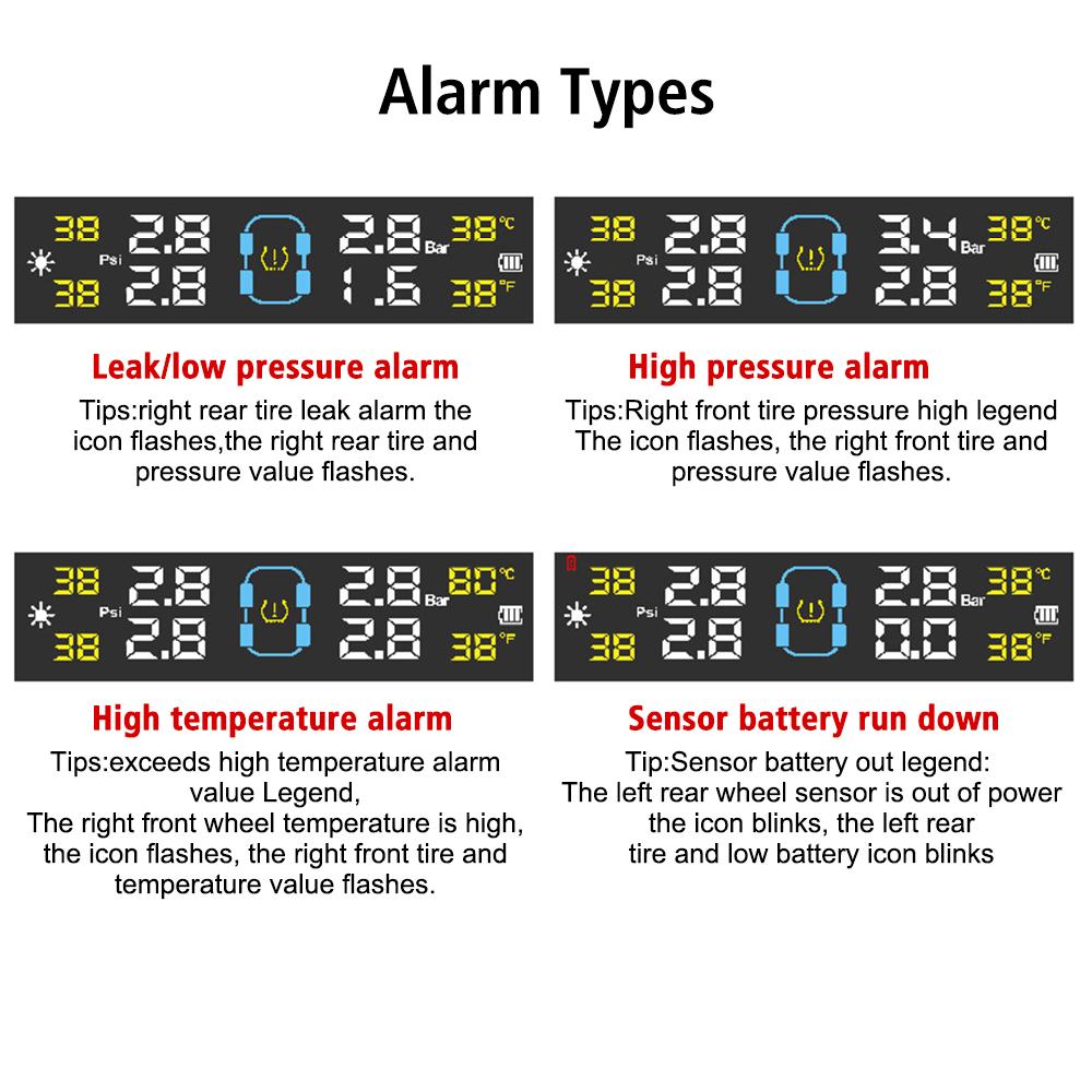 Bil Däcktrycksövervakningssystem Realtidsövervakning Digital LCD-skärm Auto Säkerhetslarmsystem Sol-/USB-driven TPMS