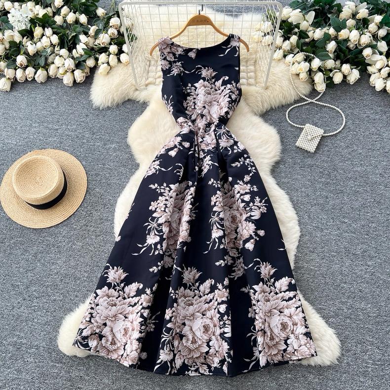 

Платье без рукавов с круглым вырезом и принтом в европейско-американском стиле для женщин, высококлассное нишевое платье-макси с пышной юбкой, приталенное по талии, для вечеринки по случаю дня рождения XXL