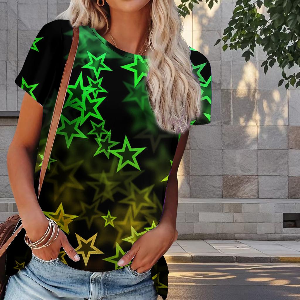 Women Summer T Shirt Star Print Retro Fashion Short Sleeve Tees Casual   Printed  Tops