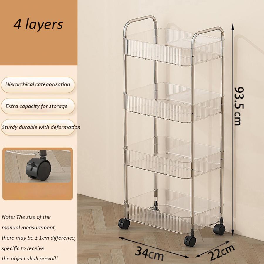 Light Luxury Storage Rack Trolley 2/3/4 Layers Transparent Acrylic Rolling Cart With Removable Hanging Baskets Snacks Bookshelf