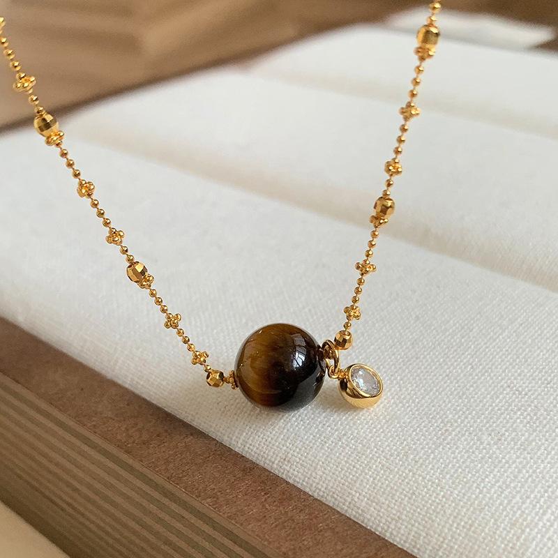 New In Round Beads Tiger Eye Stone Bubble Sparkling Diamonds Necklace Retro Sweater Chain Collar Chain Trendy Party Jewelry Gift