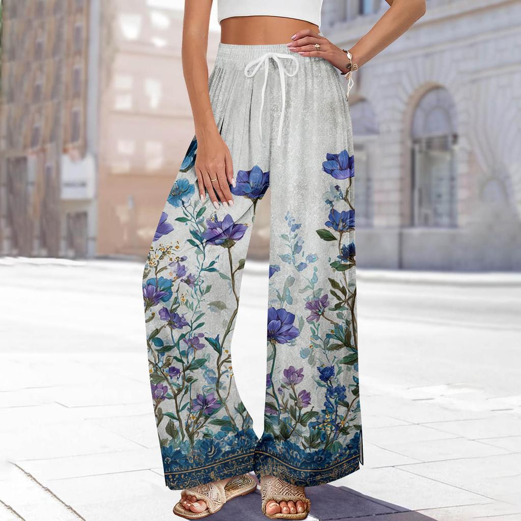 Dámské letní kalhoty Boho Palazzo s vysokým pasem a širokými nohavicemi s květinovým potiskem ležérní kalhoty s kapsami