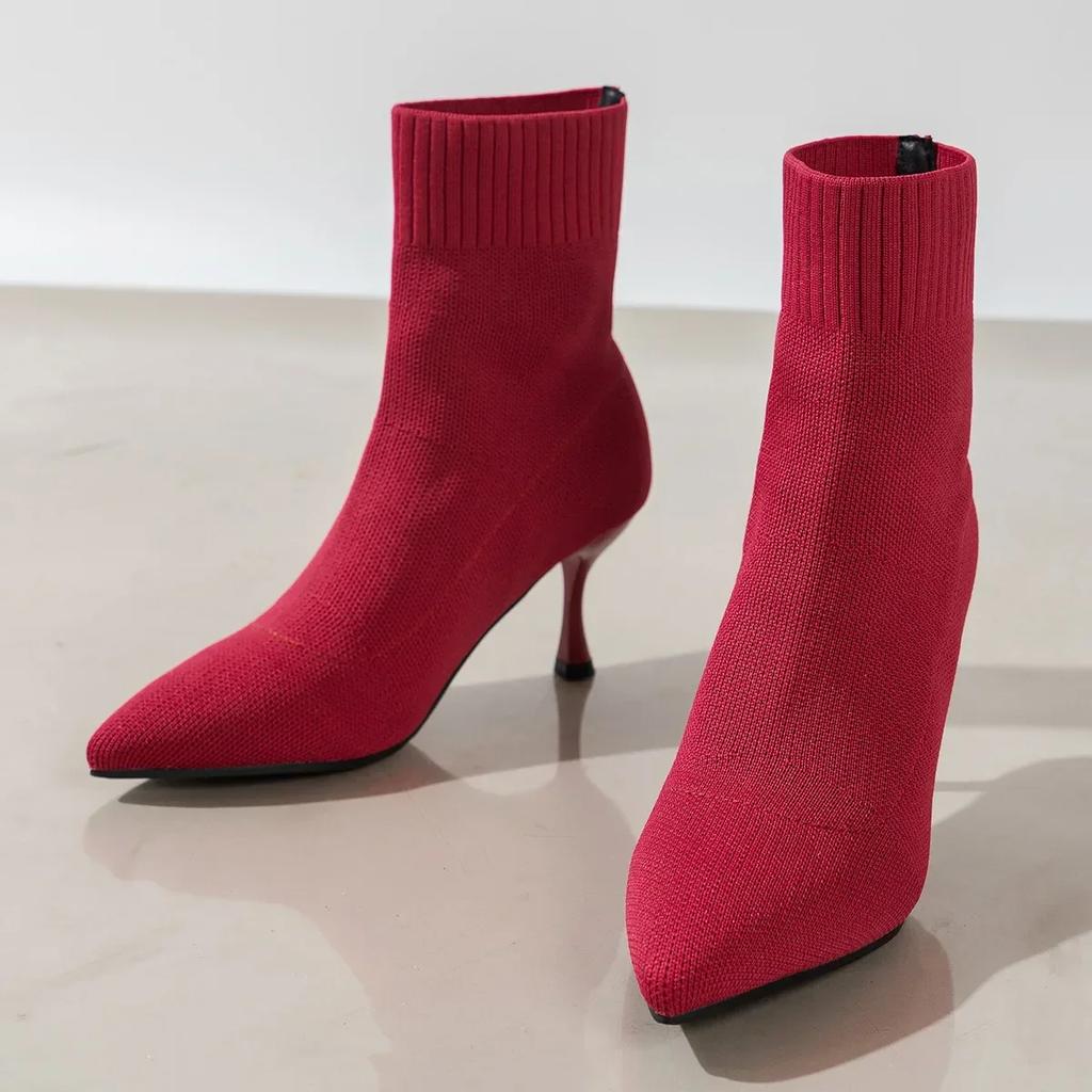 Women Elastic Sock Boots Autumn Winter Stiletto High Heels Knitted Ankle Boots Woman Slip-On Pointed Toe High-heeled Botas Mujer