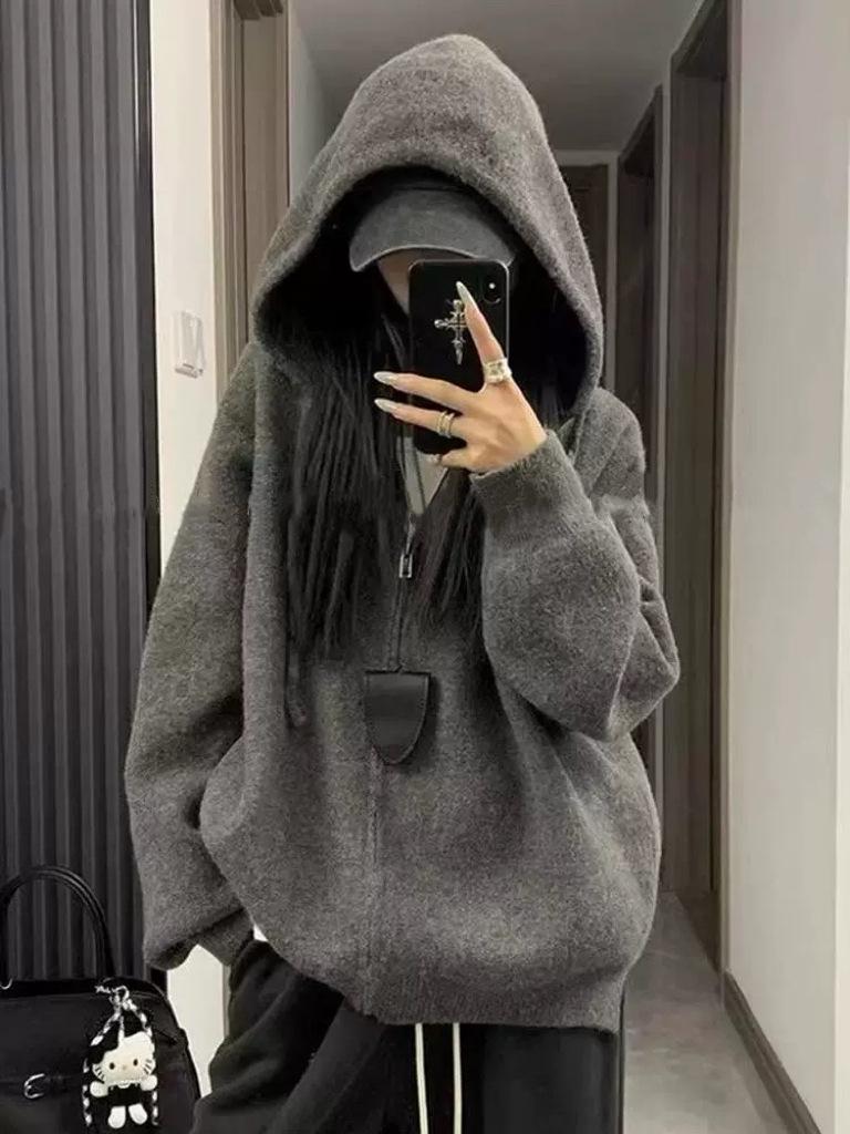 

Women s Grey Zip-Up Hoodie Cardigan - Soft Knit, Casual Autumn Style S