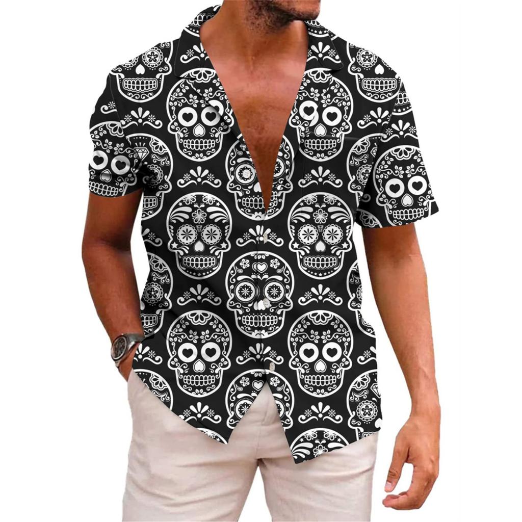 Hawaiian Mens Shirts Lapel Short-Sleeved Shirt Mexican Style Clothing Casual Loose Button-Down Shirt
