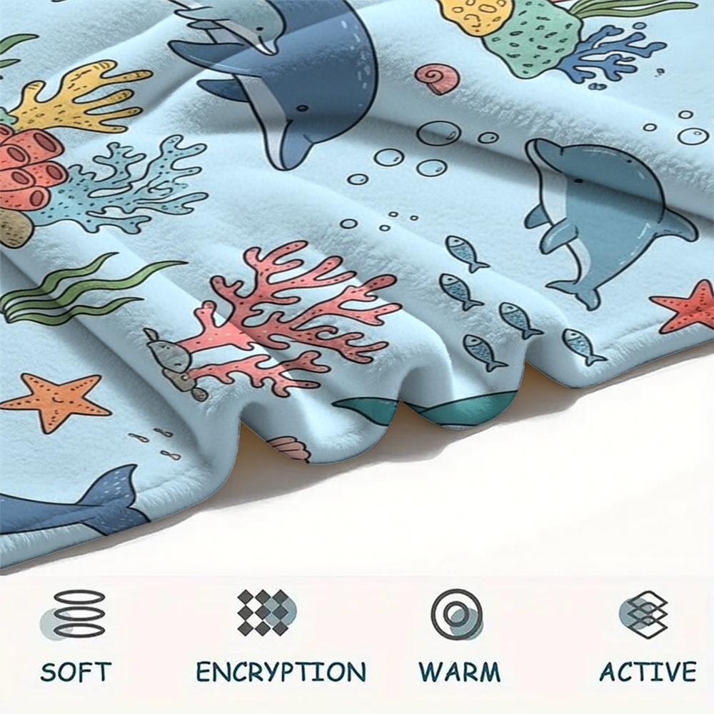 1PC Cute Marine Animals Print Flannel Blanket, High quality All Seasons, Home Decor, Warmth and Comfort, Perfect for Christmas Gifts