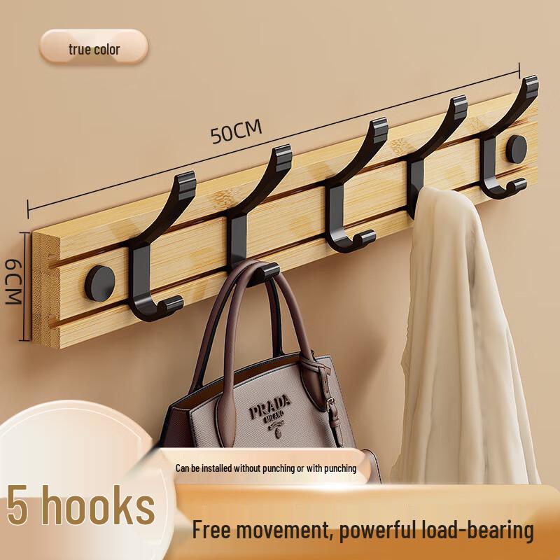 Bamboo Wall Mount Coat Rack with Adhesive Hooks