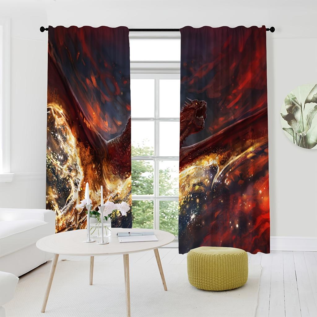 2panels Dragon Print Curtains Rod Pocket Curtain For Restaurants Living Rooms Bedrooms Offices Study Rooms Home Decoration