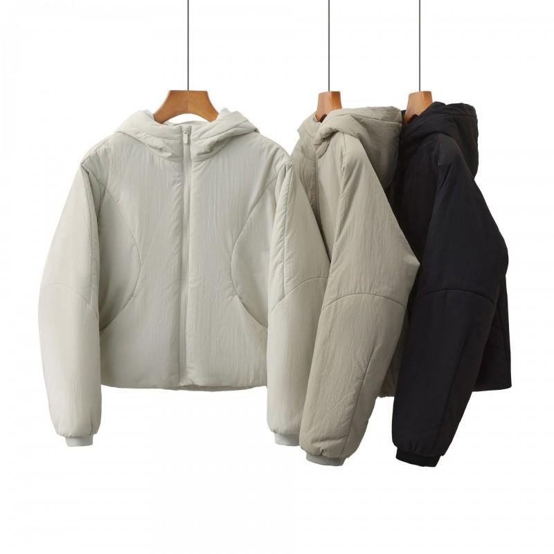 2026 Womens Short Puffer Hooded Cotton Jacket Lulu Style Winter Warm Loose Solid Zip Coat