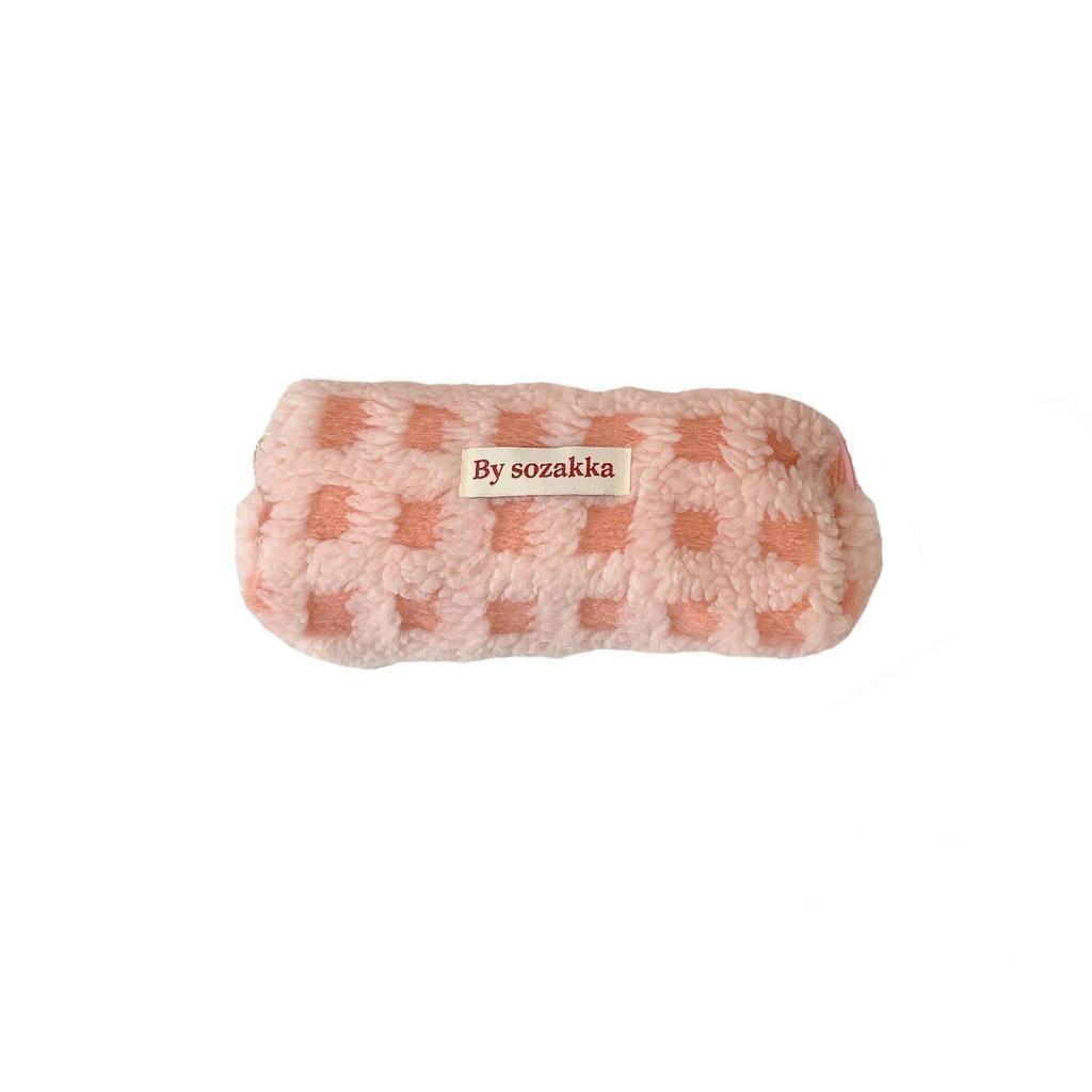 Women Waffle Lamb Plush Large Capacity Minority Student Stationery Cosmetic Bags