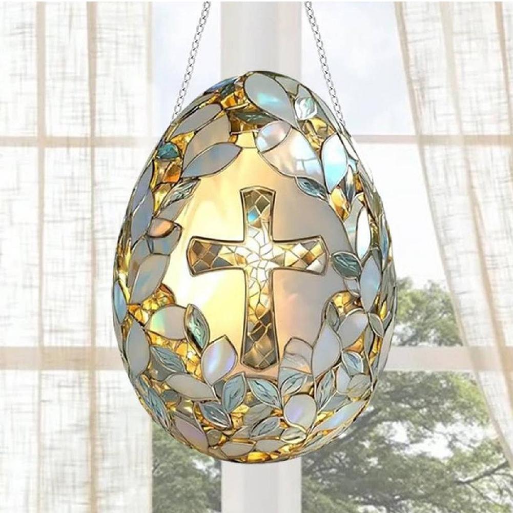 Decorative Easter Cross Egg Suncatcher Stained Glass Style Window Hanging 5.7 X 8.0 Inches Easter Hanging Holiday Window Decor