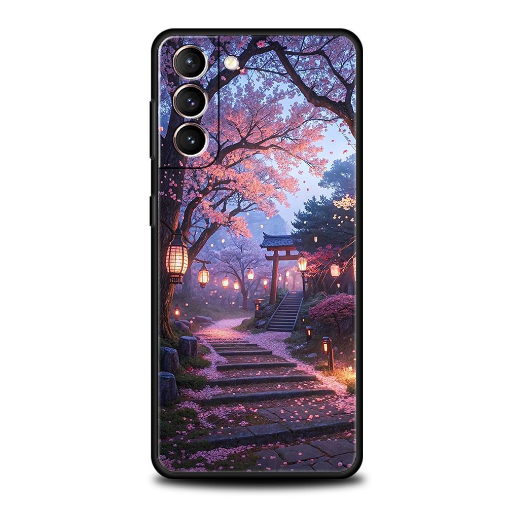 Phone Case for Samsung Galaxy S25 Edge S24 S23 S22 S20 S21 FE Ultra S10 Plus Soft TPU Japanese Style Temple And Cherry Blossoms